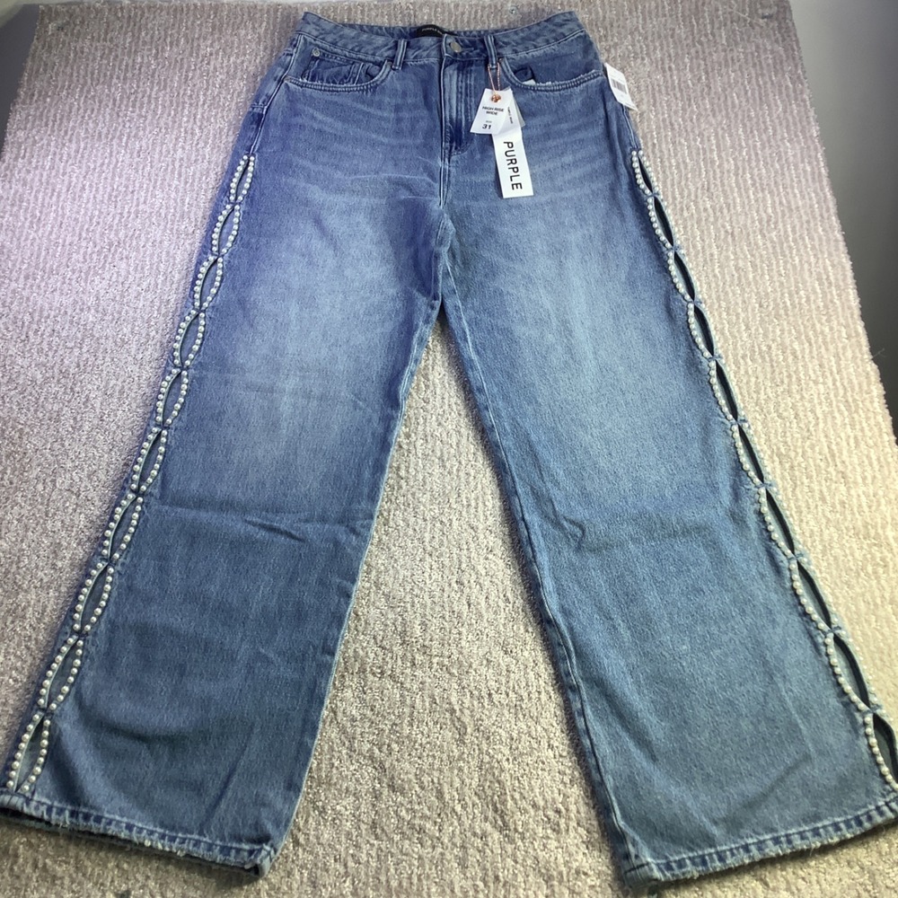 PURPLE BRAND Womens High Rise Wide Leg Jeans Side Cut Out Pearly Size 31‎ NWT